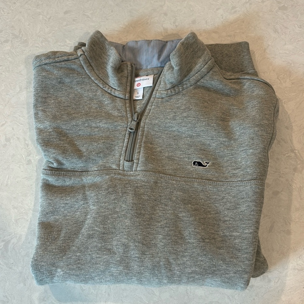 Vineyard Vines Pullover - Grey with navy/white striped lined collar
